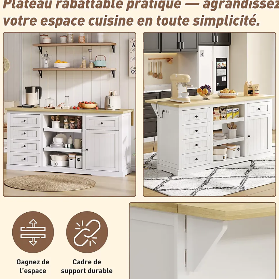 Îlot de Cuisine, 5 Tiroirs, 2 Étagères Coulissantes, Plateau Rabattable, Meuble Bar/Buffet de Cuisine, MDF Blanc, 150x65x75,5 cm