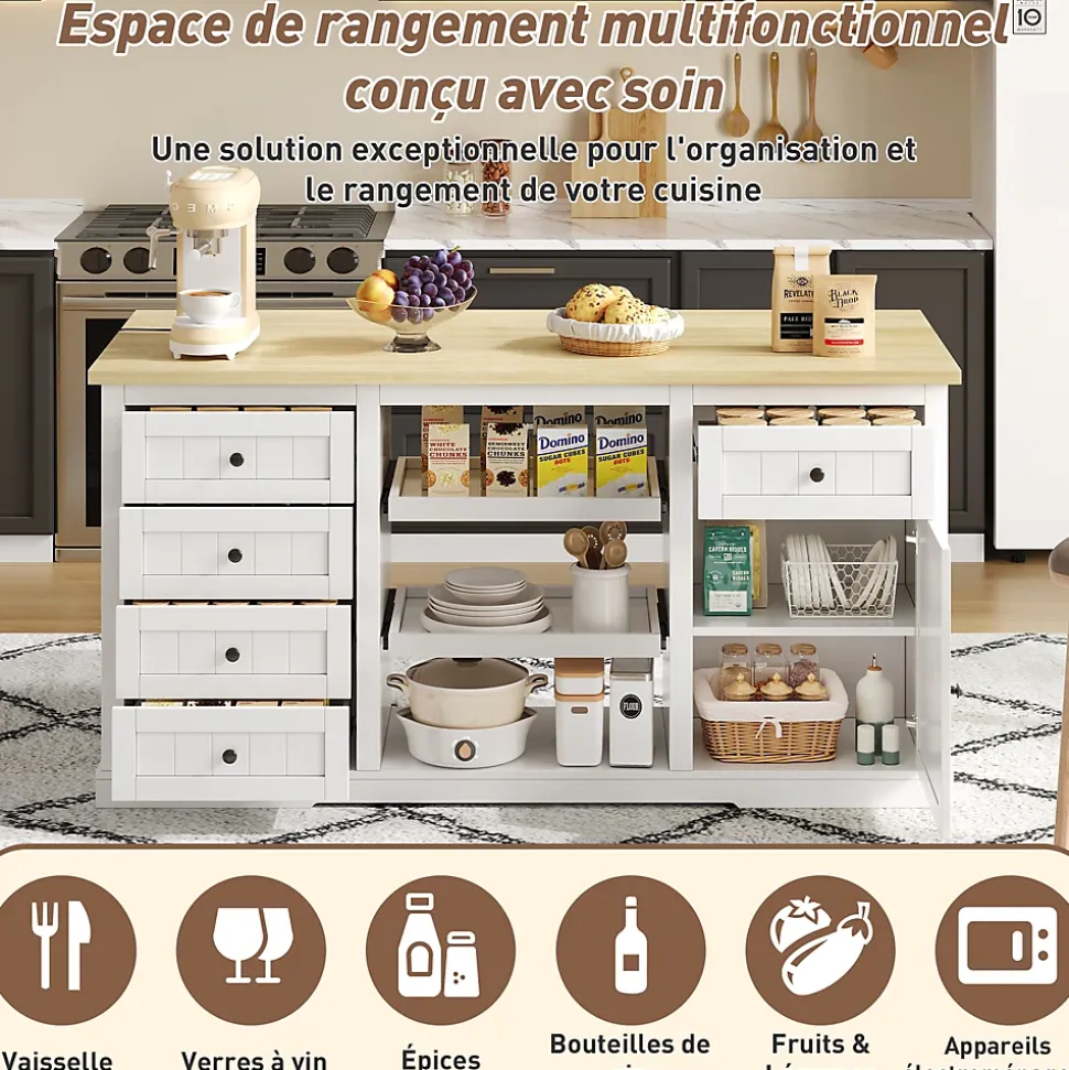Îlot de Cuisine, 5 Tiroirs, 2 Étagères Coulissantes, Plateau Rabattable, Meuble Bar/Buffet de Cuisine, MDF Blanc, 150x65x75,5 cm