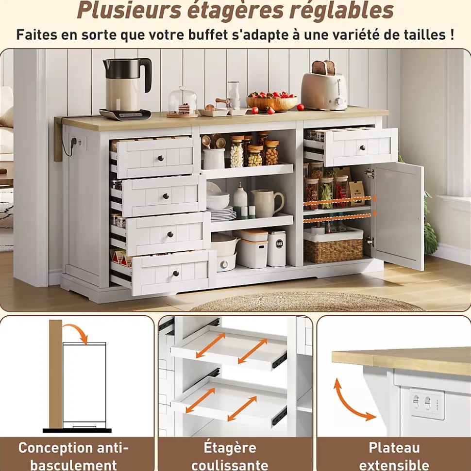 Îlot de Cuisine, 5 Tiroirs, 2 Étagères Coulissantes, Plateau Rabattable, Meuble Bar/Buffet de Cuisine, MDF Blanc, 150x65x75,5 cm