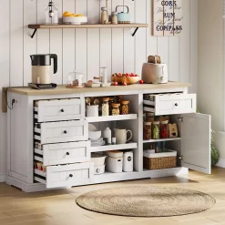 Îlot de Cuisine, 5 Tiroirs, 2 Étagères Coulissantes, Plateau Rabattable, Meuble Bar/Buffet de Cuisine, MDF Blanc, 150x65x75,5 cm