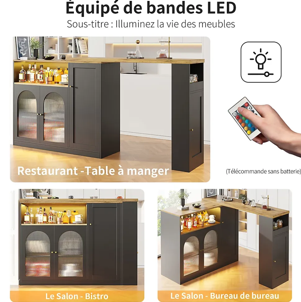 Îlot de Cuisine Moderne avec Rangement et Vitrine en Verre, Plateau en Bois MDF avec LED Intégrée - Noir, 108x39,6x97 cm