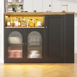Îlot de Cuisine Moderne avec Rangement et Vitrine en Verre, Plateau en Bois MDF avec LED Intégrée - Noir, 108x39,6x97 cm