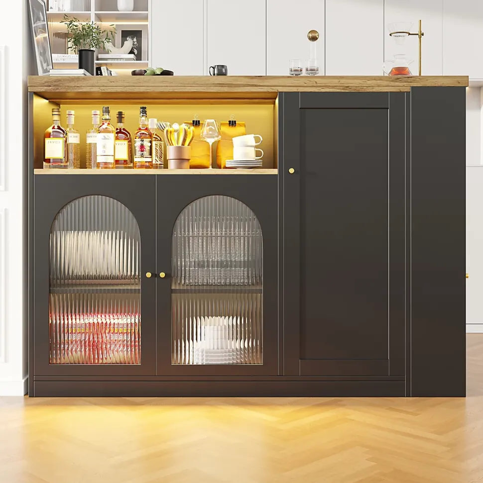 Îlot de Cuisine Moderne avec Rangement et Vitrine en Verre, Plateau en Bois MDF avec LED Intégrée - Noir, 108x39,6x97 cm