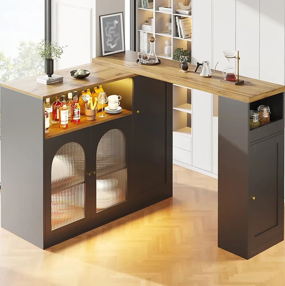 Îlot de Cuisine Moderne avec Rangement et Vitrine en Verre, Plateau en Bois MDF avec LED Intégrée - Noir, 108x39,6x97 cm