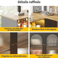 Îlot de Cuisine Moderne avec Rangement et Vitrine en Verre, Plateau en Bois MDF avec LED Intégrée - Noir, 108x39,6x97 cm