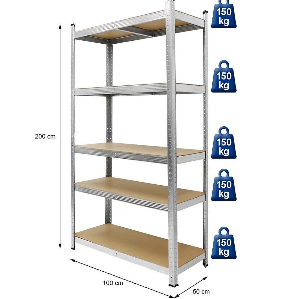 Lot 2x Etagere de Rangement - 200x100x50 cm - Charge lourde jusqu'a 750 kg en Metal Galvanise