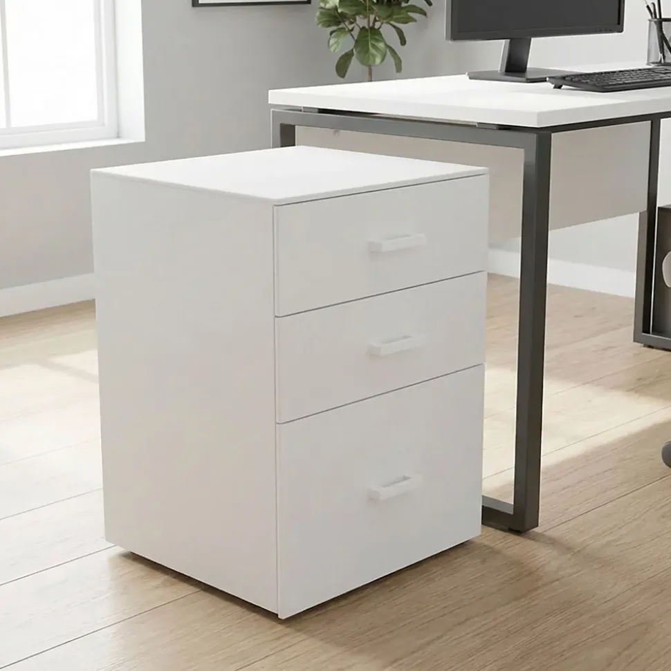 Lyra - Commode pour imprimante 3 tiroirs, meuble de bureau sur roulettes en MDF blanc