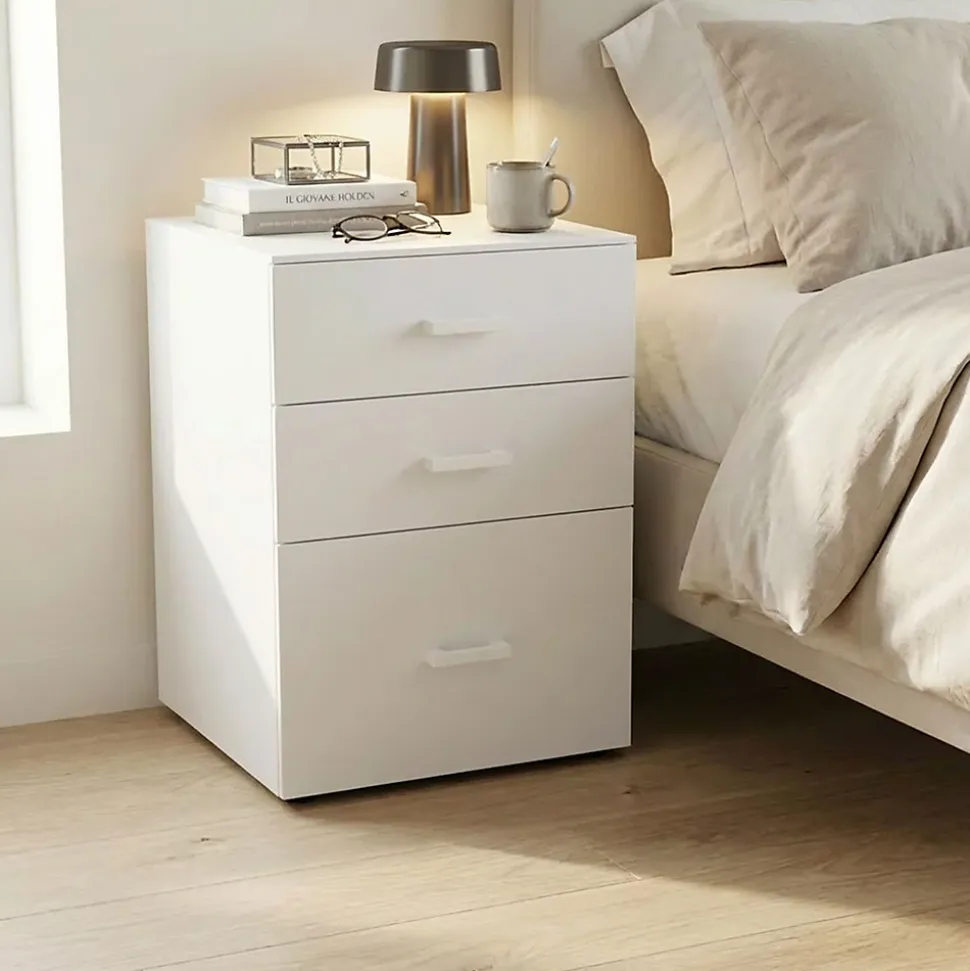 Lyra - Commode pour imprimante 3 tiroirs, meuble de bureau sur roulettes en MDF blanc