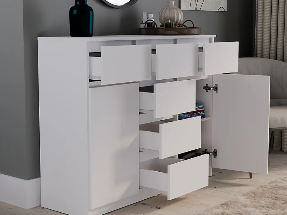 MALWA - Commode 6 tiroirs et 2 portes - 100x120x40 - chambre/bureau/salon - Blanc