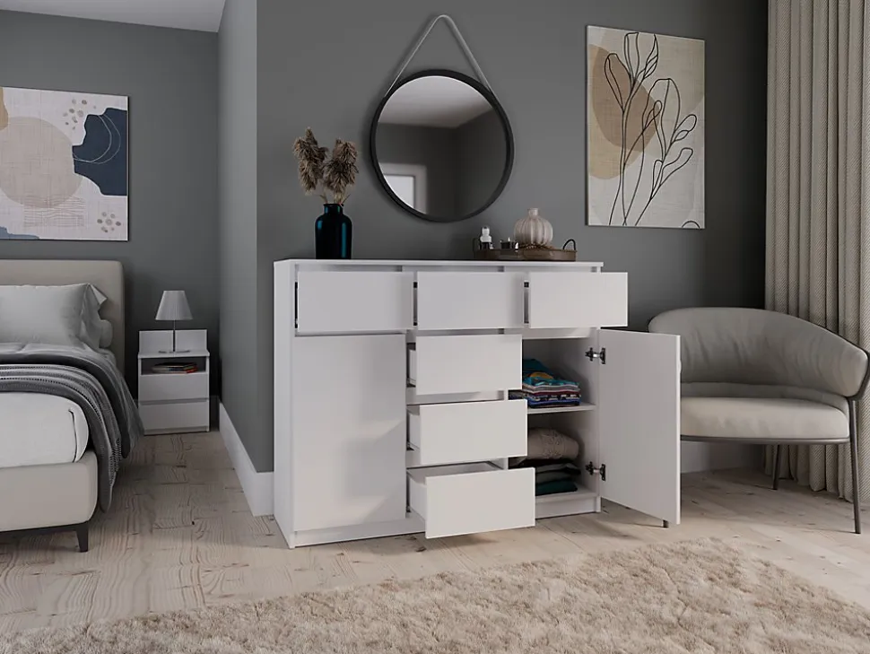 MALWA - Commode 6 tiroirs et 2 portes - 100x120x40 - chambre/bureau/salon - Blanc