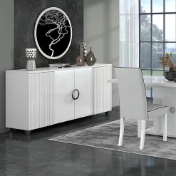 MARIKA - Buffet 4 Portes Laqué Blanc avec Leds