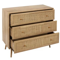 MAYA - Commode 3 Tiroirs Effet Bois et Façades Rotin