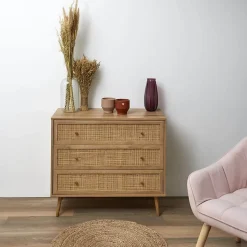 MAYA - Commode 3 Tiroirs Effet Bois et Façades Rotin