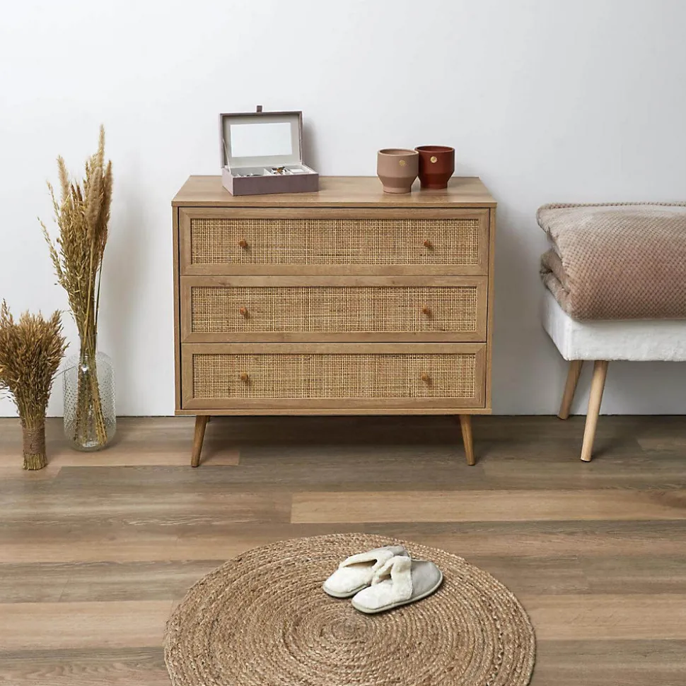 MAYA - Commode 3 Tiroirs Effet Bois et Façades Rotin