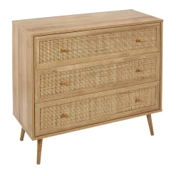 MAYA - Commode 3 Tiroirs Effet Bois et Façades Rotin