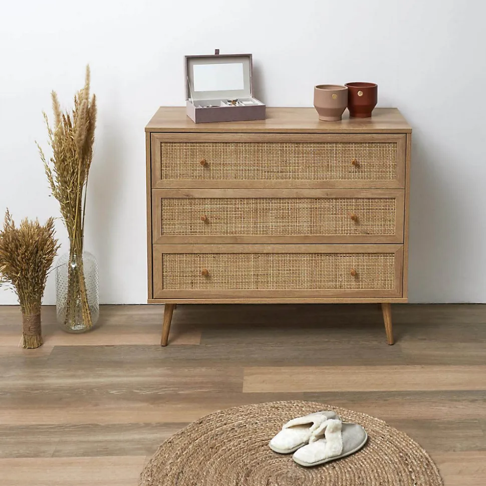 MAYA - Commode 3 Tiroirs Effet Bois et Façades Rotin