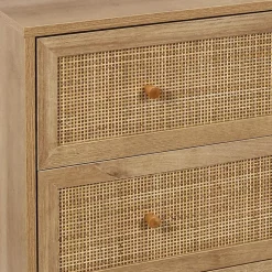 MAYA - Commode 3 Tiroirs Effet Bois et Façades Rotin