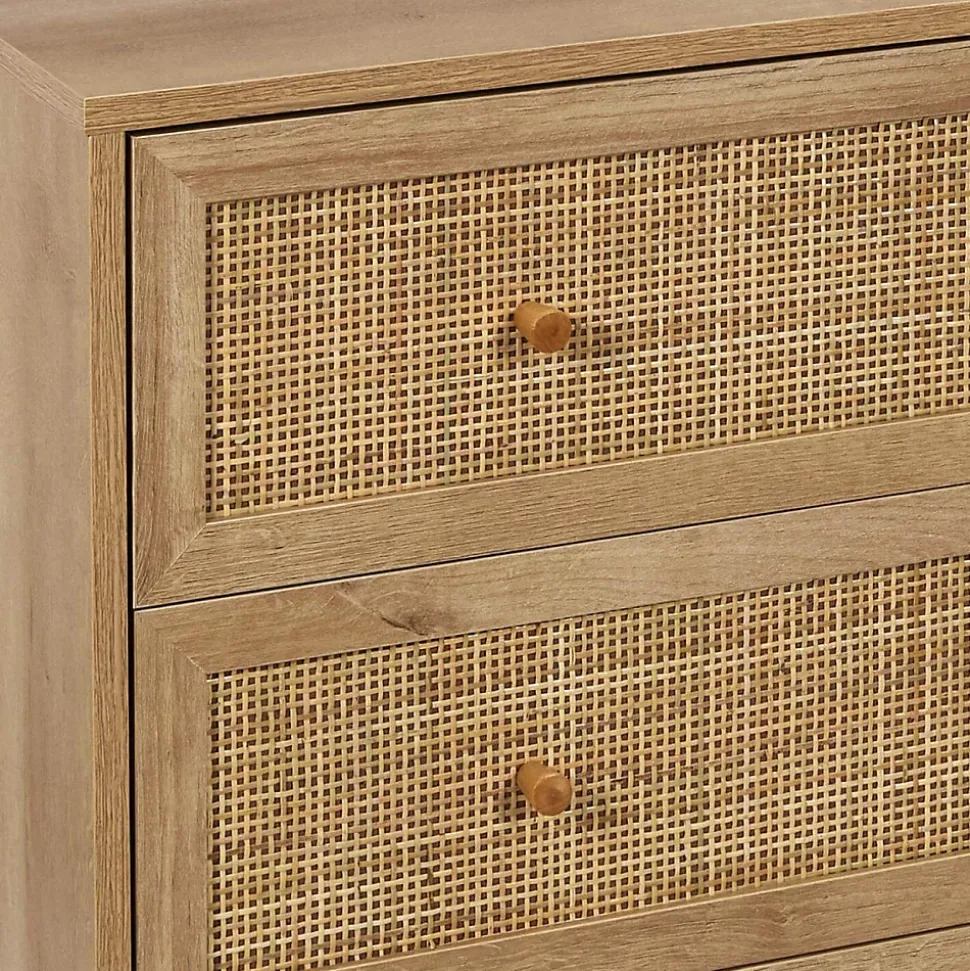 MAYA - Commode 3 Tiroirs Effet Bois et Façades Rotin