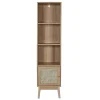 MAYA - Rangement Colonne 3 Etagères 1 Porte Effet Bois et Façades Rotin