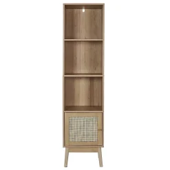 MAYA - Rangement Colonne 3 Etagères 1 Porte Effet Bois et Façades Rotin