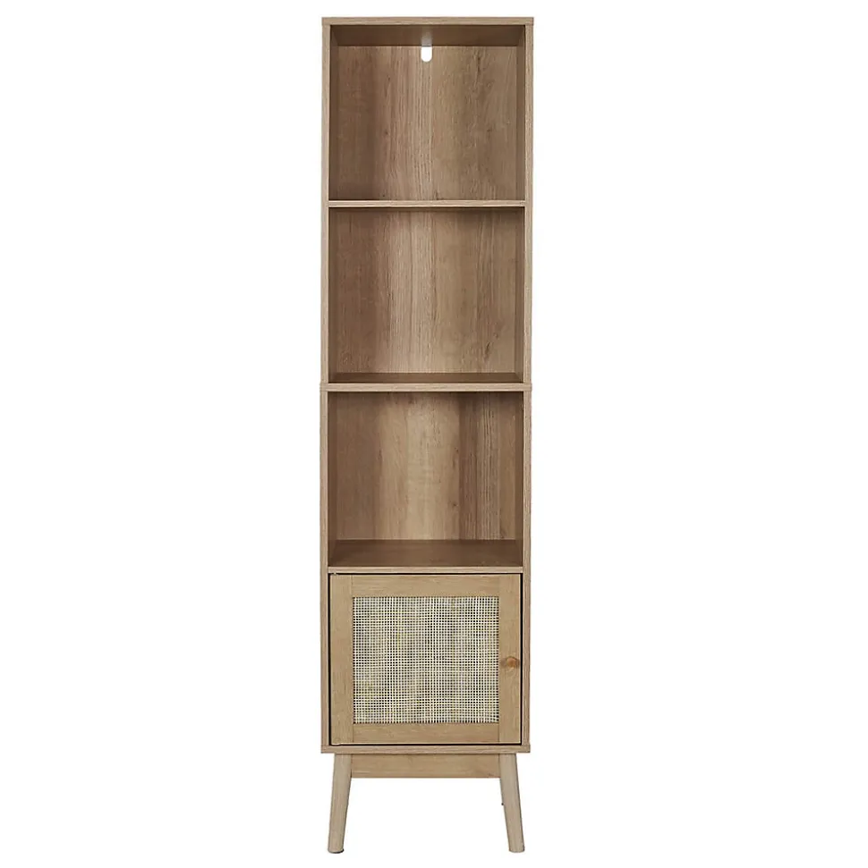 MAYA - Rangement Colonne 3 Etagères 1 Porte Effet Bois et Façades Rotin