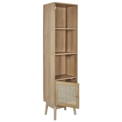 MAYA - Rangement Colonne 3 Etagères 1 Porte Effet Bois et Façades Rotin
