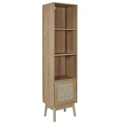 MAYA - Rangement Colonne 3 Etagères 1 Porte Effet Bois et Façades Rotin