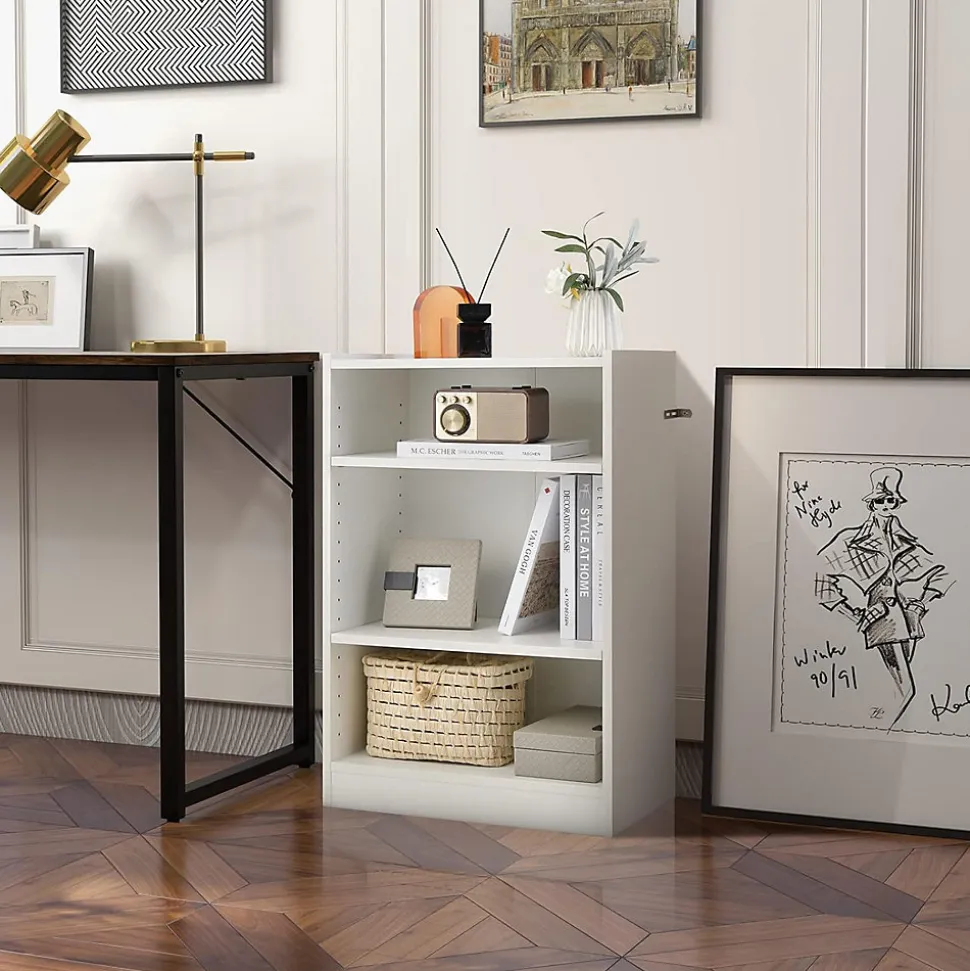 Meuble à Casier à 3 Niveaux-Bibliothèque avec 2 Étagères Réglables-Dispositif Anti-Basculement Inclus-50x30x75 CM Blanc