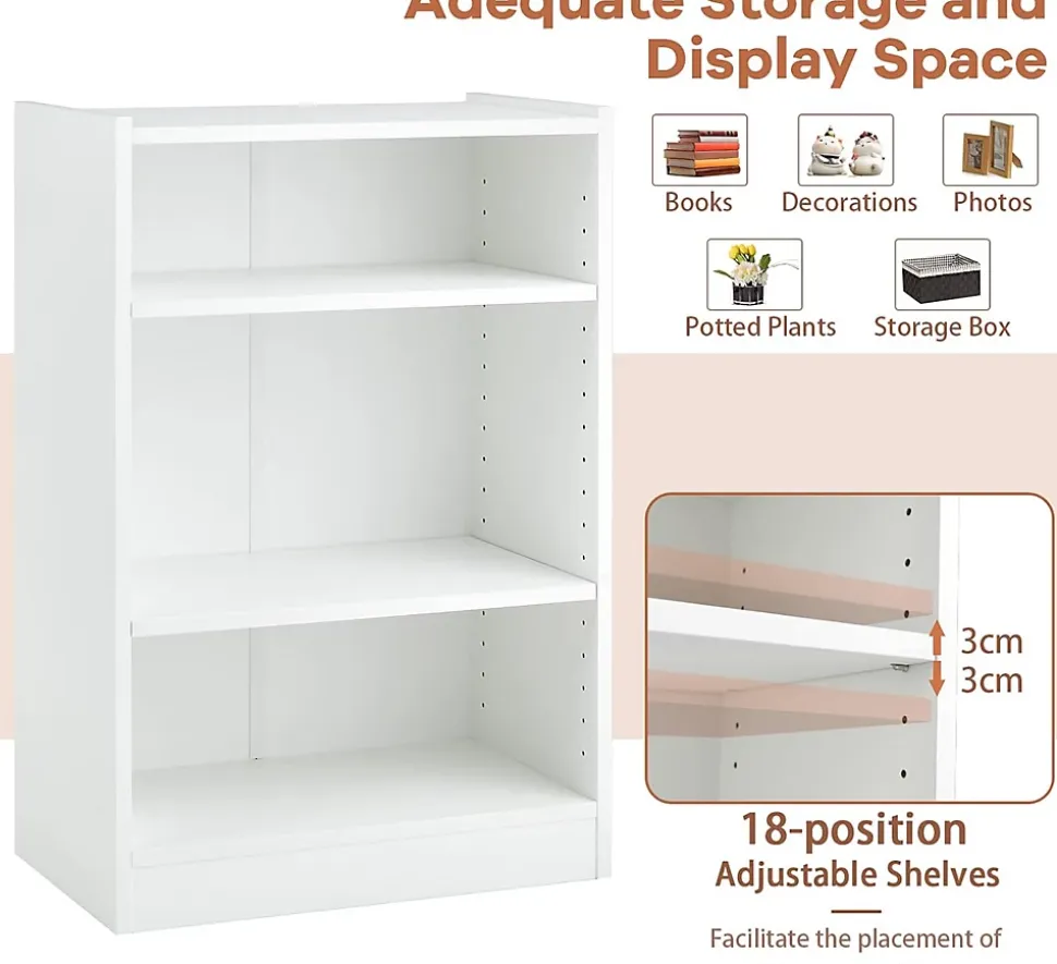 Meuble à Casier à 3 Niveaux-Bibliothèque avec 2 Étagères Réglables-Dispositif Anti-Basculement Inclus-50x30x75 CM Blanc