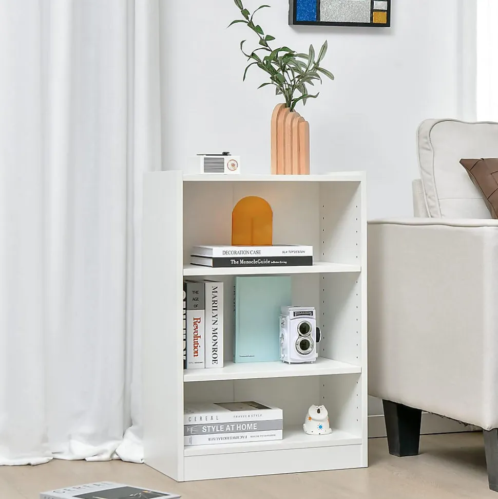Meuble à Casier à 3 Niveaux-Bibliothèque avec 2 Étagères Réglables-Dispositif Anti-Basculement Inclus-50x30x75 CM Blanc