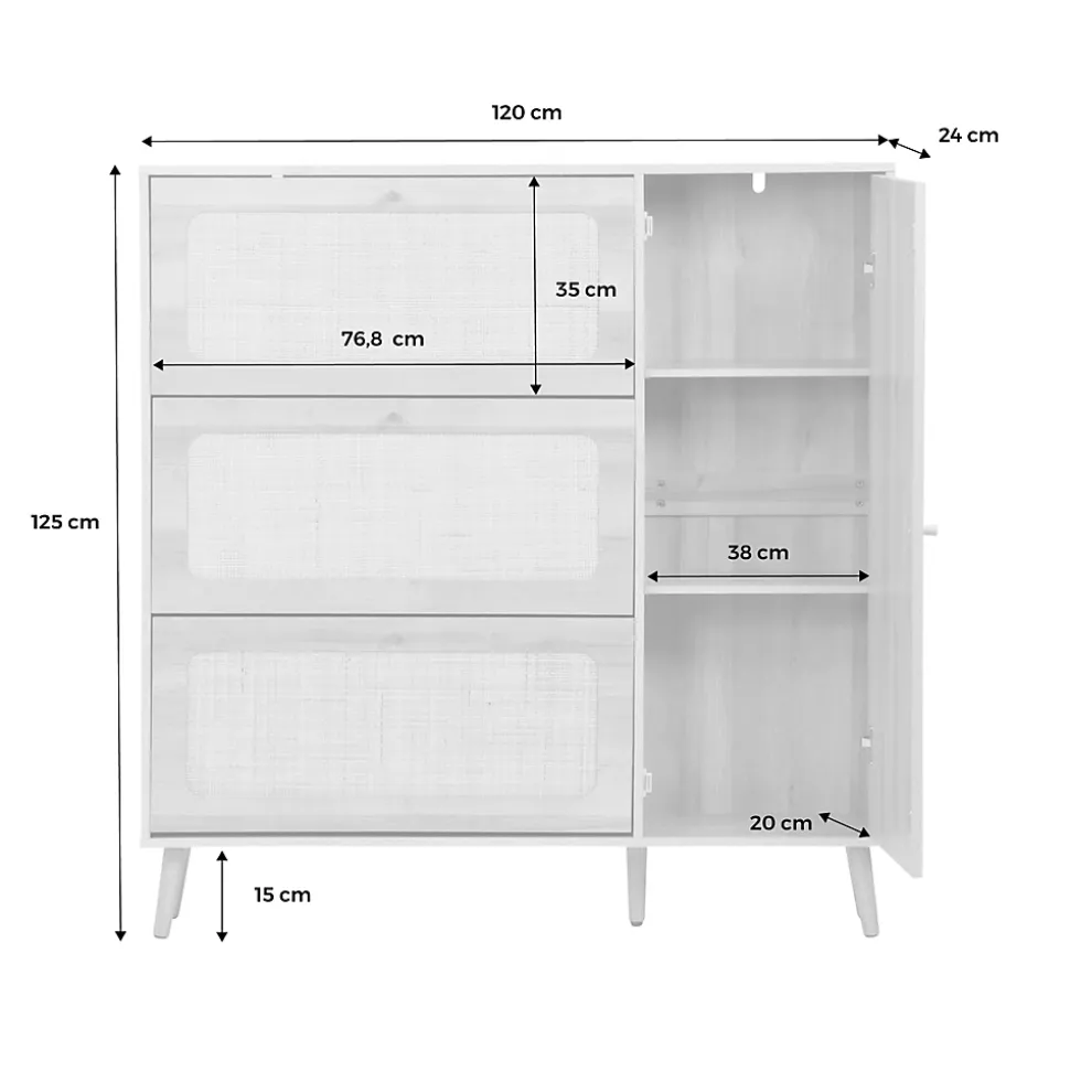 Meuble à chaussure cannage Bohème naturel. 3 abattants. 1 porte. 21 paires. 120 x 24 x 125 cm