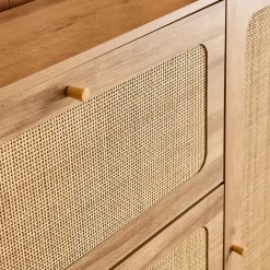 Meuble à chaussure cannage Bohème naturel. 3 abattants. 1 porte. 21 paires. 120 x 24 x 125 cm