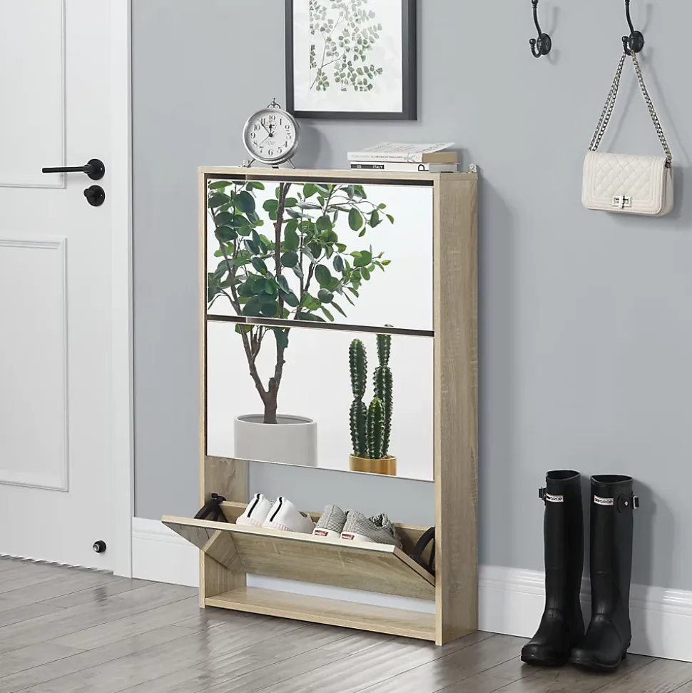 Meuble à Chaussure Lund Miroir 103 x 63 x 17cm Effet Chêne en.casa