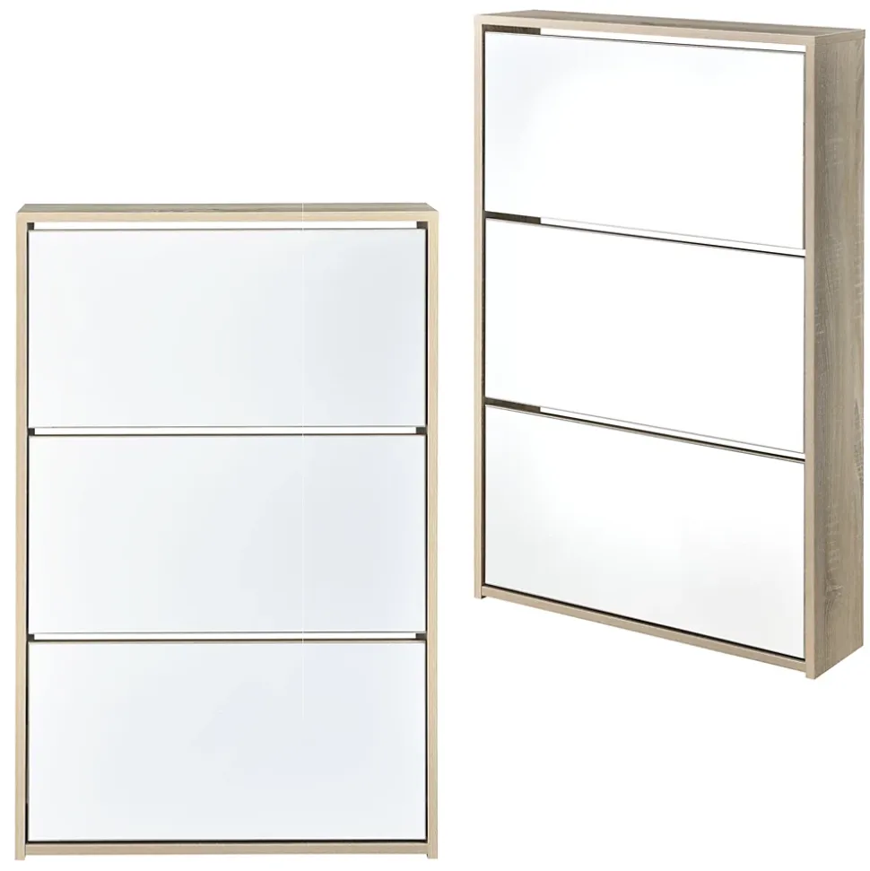 Meuble à Chaussure Lund Miroir 103 x 63 x 17cm Effet Chêne en.casa