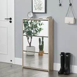 Meuble à Chaussure Lund Miroir 103 x 63 x 17cm Effet Chêne en.casa