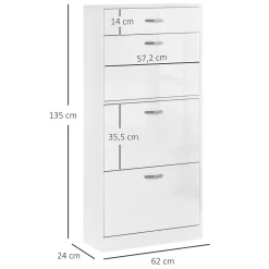 Meuble à chaussures - 3 portes abattantes, tiroir coulissant - dim. 62L x 24l x 135H cm - poignées alu. panneaux blanc