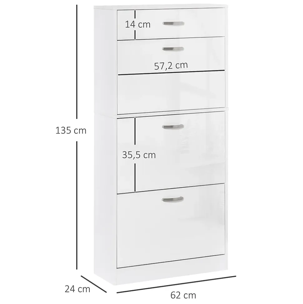 Meuble à chaussures - 3 portes abattantes, tiroir coulissant - dim. 62L x 24l x 135H cm - poignées alu. panneaux blanc