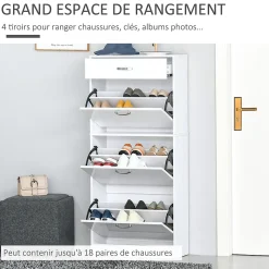 Meuble à chaussures - 3 portes abattantes, tiroir coulissant - dim. 62L x 24l x 135H cm - poignées alu. panneaux blanc