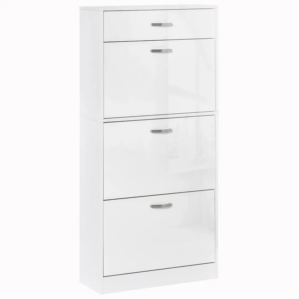 Meuble à chaussures - 3 portes abattantes, tiroir coulissant - dim. 62L x 24l x 135H cm - poignées alu. panneaux blanc
