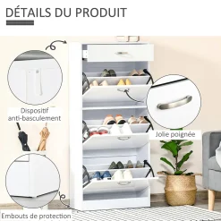 Meuble à chaussures - 3 portes abattantes, tiroir coulissant - dim. 62L x 24l x 135H cm - poignées alu. panneaux blanc