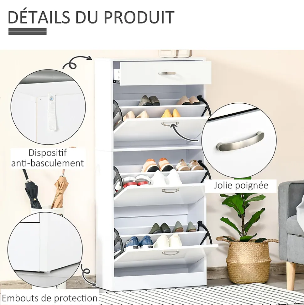 Meuble à chaussures - 3 portes abattantes, tiroir coulissant - dim. 62L x 24l x 135H cm - poignées alu. panneaux blanc