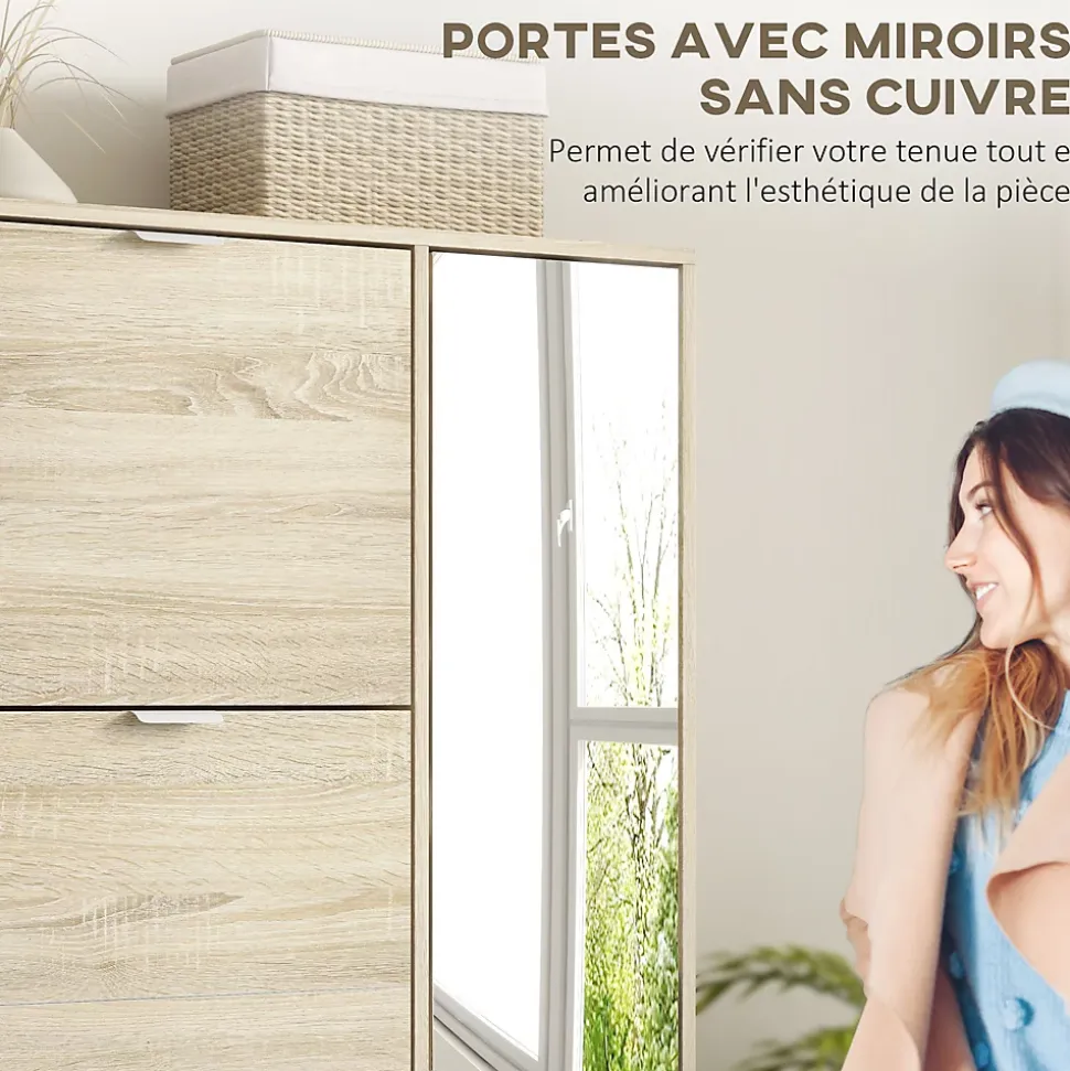 Meuble à chaussures - 4 portes abattantes, 2 portes miroirs, étagères réglables - aspect bois naturel