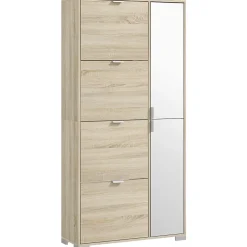 Meuble à chaussures - 4 portes abattantes, 2 portes miroirs, étagères réglables - aspect bois naturel