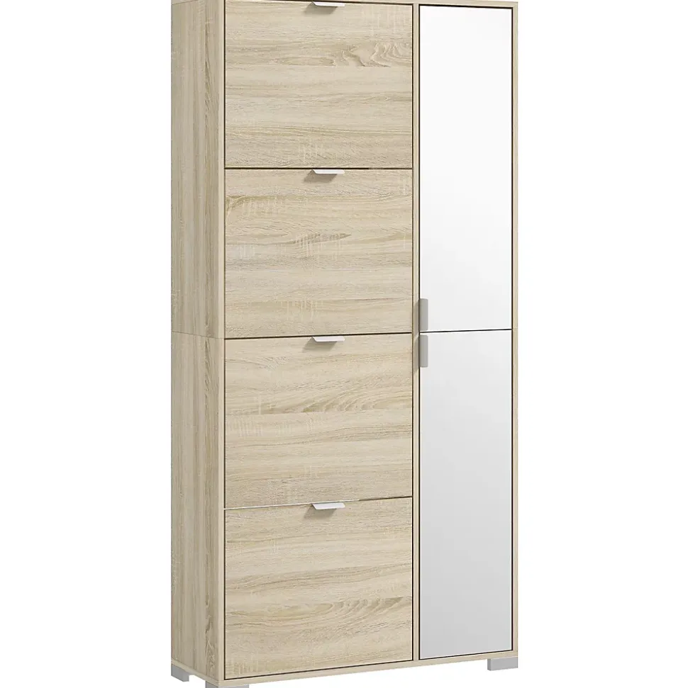 Meuble à chaussures - 4 portes abattantes, 2 portes miroirs, étagères réglables - aspect bois naturel