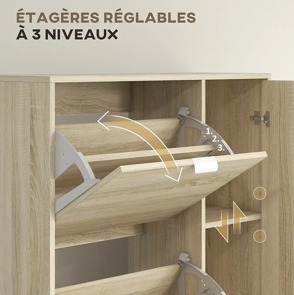 Meuble à chaussures - 4 portes abattantes, 2 portes miroirs, étagères réglables - aspect bois naturel