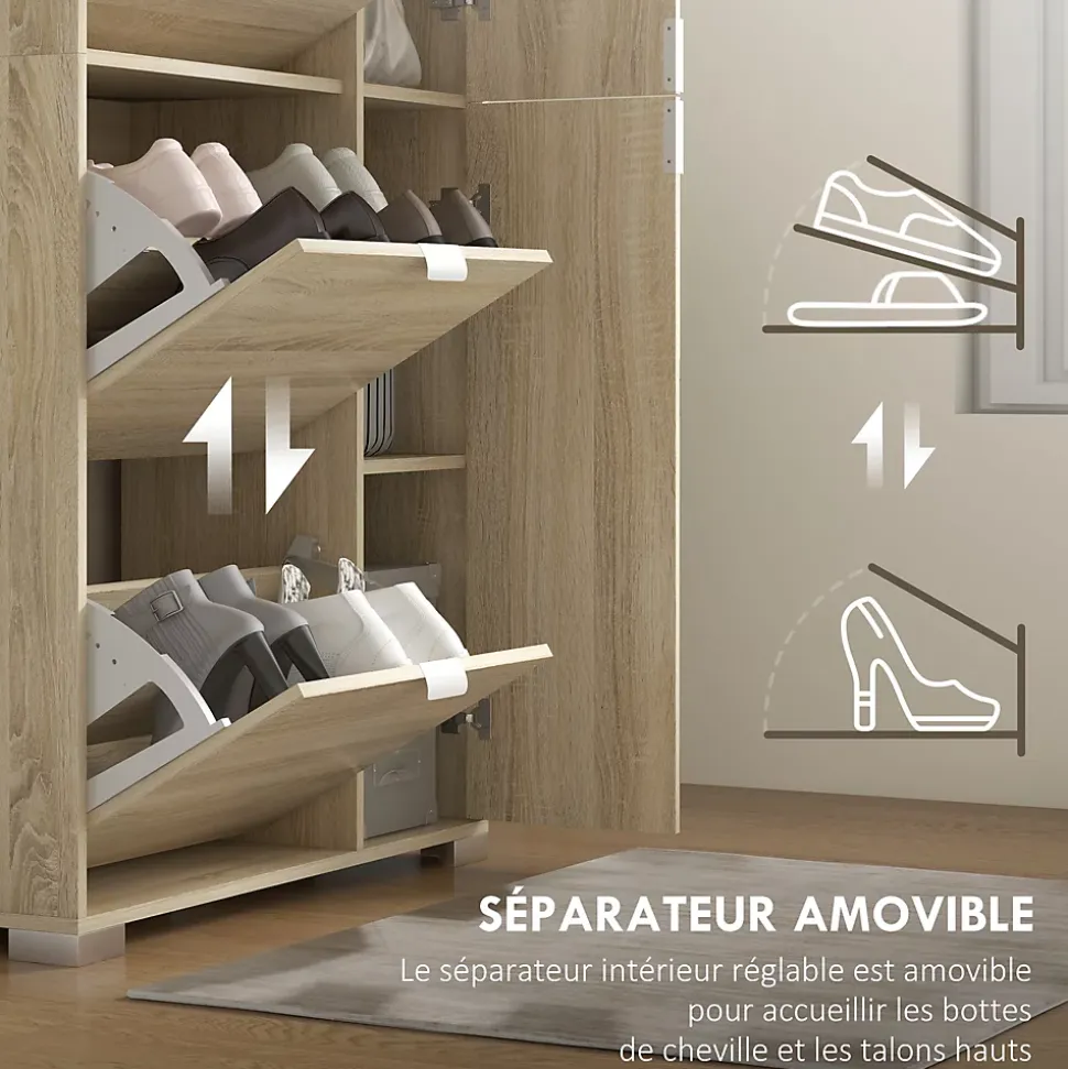 Meuble à chaussures - 4 portes abattantes, 2 portes miroirs, étagères réglables - aspect bois naturel