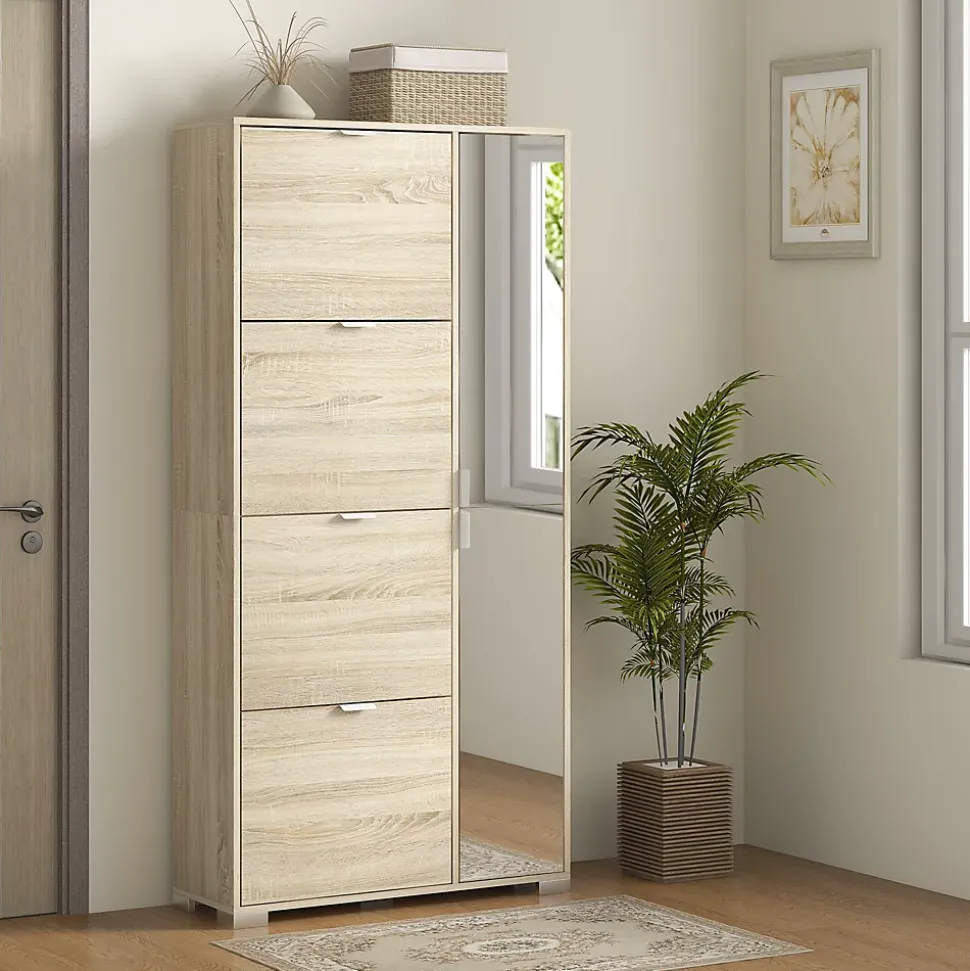 Meuble à chaussures - 4 portes abattantes, 2 portes miroirs, étagères réglables - aspect bois naturel