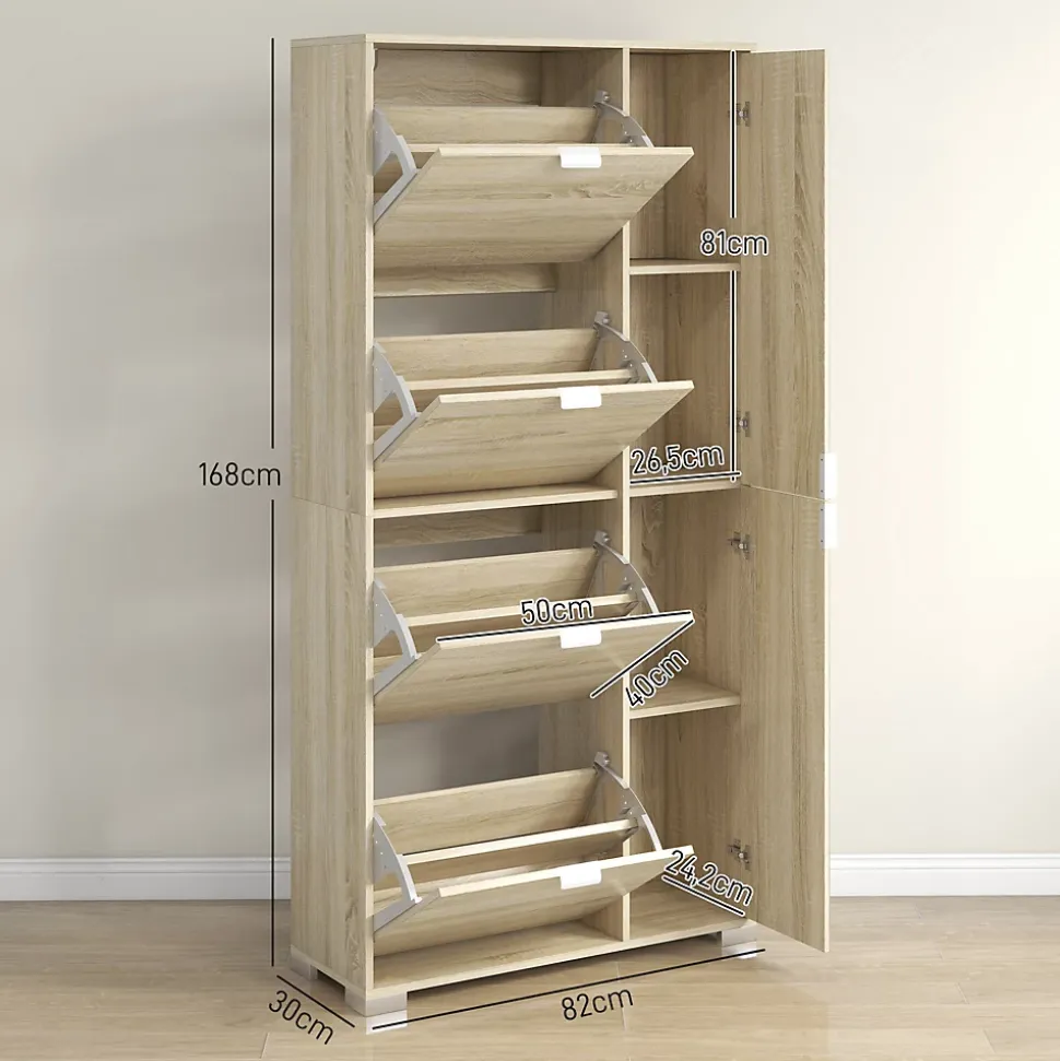 Meuble à chaussures - 4 portes abattantes, 2 portes miroirs, étagères réglables - aspect bois naturel