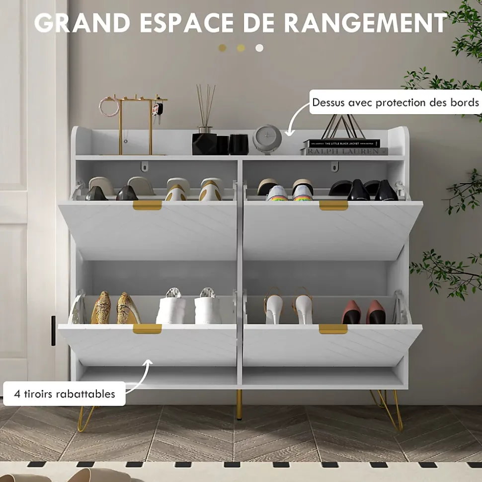 Meuble à chaussures 4 abattants style art déco - dim. 106L x 24l x 102H cm - acier doré MDF blanc