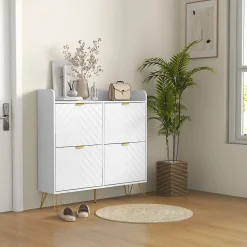 Meuble à chaussures 4 abattants style art déco - dim. 106L x 24l x 102H cm - acier doré MDF blanc
